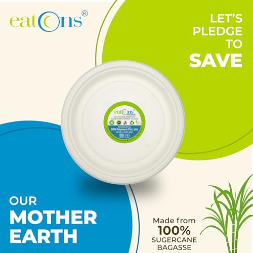 Image of EATONS 7 inch Bagasse Disposable Plates [25 Pack] I Eco Friendly Biodegradable Sugarcane Paper Plates | Appetizer Plate I Quarter Plate I Serve Snacks I Birthday, Wedding, Party I Round I White