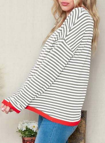 Image of Dokotoo Women's Long Sleeve Sweaters Casual Crewneck Fashion Fall Striped Color Block Shirts High Low Pullover Sweater Tops