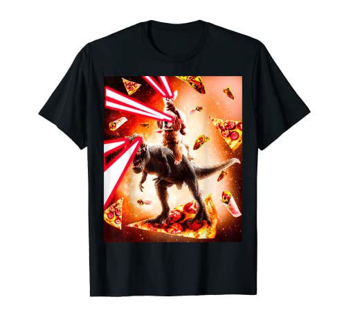 Laser Eyes Space Cat montando cão e dinossauro t-shirt, Branco, S