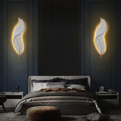 Image of Groeien 12W | 3 Color Modern LED White Feather Wall Sconce Gold Wall Light for Bedroom Living Room Corridor Lighting Fixtures Wall Mount(Warm+Natural+Coolwhite)(Feather-White, 1)