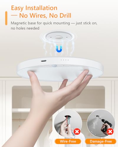 Rechargeable 6W Motion Sensor Ceiling Light Indoor, No Wiring & Magnetic Stick-On, Remote Control for Color & Brightness - Additional View