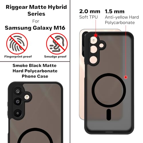 Image of RIGGEAR Shockproof Sleek Hybrid Armor Magnetic Back Cover Case Compatible with MagSafe Accessories for Samsung Galaxy M16 5G, Galaxy F16 5G (Smoke Black Matte PC + Black TPU Bumper)