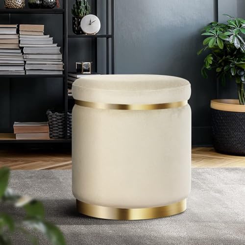 Image of ETIQUETTE ART Upholstered Velvet Round Dual Strip Ottoman Office Stool Foot Rest Stool Linen Fabric Padded Seat Pouf Ottoman with Round Shape for Living Room (Cream)