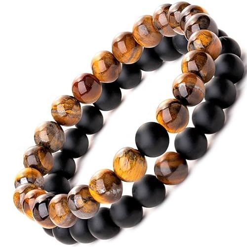 Be Happy with Happy Products Paire de Bracelet en Pierre Naturelle - Perles en Onyx et Œil de Tigre - Bienfaits de la Lithothérapie - Pouvoir des Pierres - Garantie 24 Mois