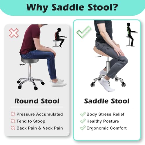 Image of Saddle Stool Chair with Wheels, Ergonomic Thicker Saddle Seat Design for Healthy Sitting Posture, PU Leather, Rolling Saddle Stool with Silent Rubber Wheels Adjustable for Salon Massage Home, Brown