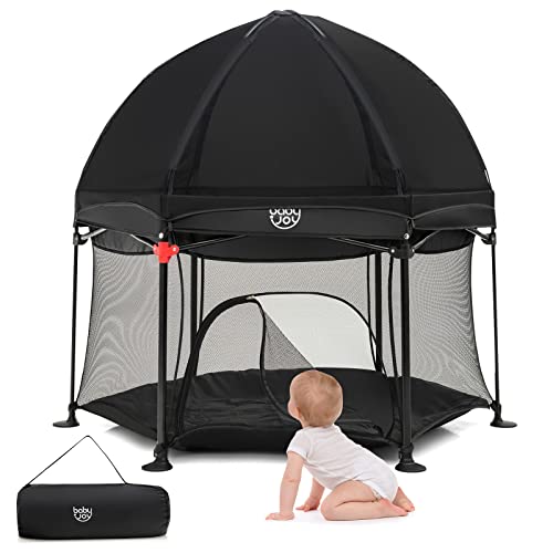 COSTWAY Sechseckiger Laufstall, Ein-Knopf-Faltung Laufgitter mit abnehmbarem Baldachin & Reißverschlusstür & Tragetasche & Matte, Absperrgitter aus Mesh & Oxford-Tuch für Baby 6-36 Monate (Schwarz)