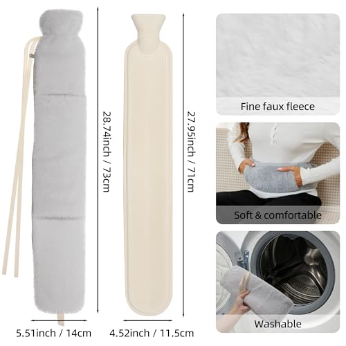 Wärmflasche Lang mit Bezug, Groß Gummi Wärmeflasche Lange Warmflaschewarmflasche Warm mit Flauschig Hände Bezug, 72cm Extra Länglich Wärmeflaschen XXL 2 Liter Warmflasche für Die Periode, Grau