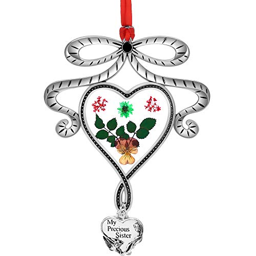 My Precious Sister Bow Knot Heart Suncatchers Glass Sister Wind Chime with Pressed Flower Hearts Embedded in Glass with Metal Trim Sister Heart Charm Gifts for Sister Birthdays Christma