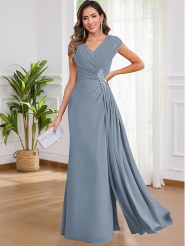 V Neck Mother of The Bride Dresses for Women Cap Sleeve Chiffon Pleated Formal Evening Party Dress3