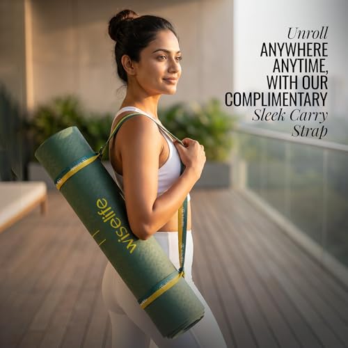 Image of Wiselife True Alignment Yoga Mat + Sleek Yoga Strap For Men And Women (Probalance Tpe Material 6Mm Extra Thick Extra Long Extra Wide) (Emerald)
