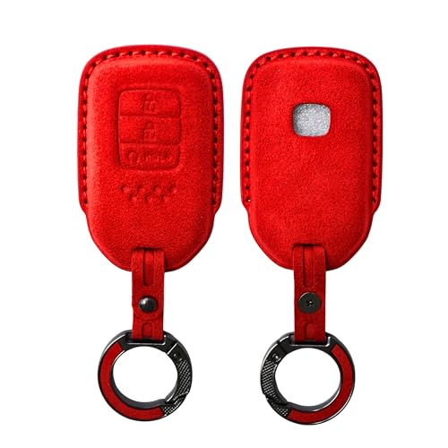 Image of KMH Alcantara Car Key Cover Compatible with Honda City, Civic, Jazz, Amaze, CR-V, WR-V, BR-V Models 3 Buttons Shell Case Holder Full Key Protector Smart Keycover with Keychain (D2) Red - Pack of 1