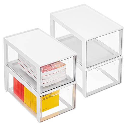 mDesign Plastic Stackable Cosmetic Storage Organizer Bin with Pull Out Drawer for Cabinet, Vanity, Shelf, Cupboard, or Cabinet Organization - Lumiere Collection - 4 Pack - White/Clear -  MetroDecor, 20866MDC
