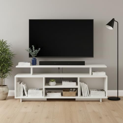 Image of FURNEASER Eskido Engineered Wood TV Entertainment Unit, Floor Standing TV Cabinet with Storage Shelves for Living Room, TV Stand for 32,43,50 & 55 Inch TV (Exotic Teak & White) (White New)