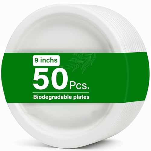 Vivo Technologies 50pc 9 Biodegradable Bagasse Plates Extra Strong Eco Friendly Compostable Plates Made from 100% Natural Sugarcane Fibre Oil and Cut Resistant Perfect for Parties and Everyday Use