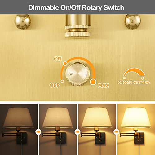 Image of TRLIFE Dimmable Wall Sconce Plug in, Brushed Brass Wall Sconces Set of 2 Swing Arm Wall Lights with Plug in Cord and Dimmer On /Off Knob Switch, 11.8 inch Large White Fabric Shade(2 LED Bulbs Included)