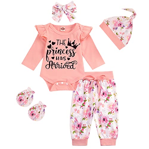 Image of ZOELNIC Newborn Baby Girl Outfits Letter Print Long Sleeve Romper+Floral Pants+Hat+Headband+Gloves 5PCS Clothes Set