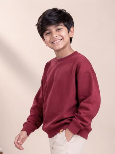 Image of KiddoPanti Boys Solid Round Neck Full Sleeve Fleece Sweatshirt | 60% Cotton 40% Polyester | Soft Warm Winter Pullover | Ribbed Cuffs & Hem | Casual Winter Sweatshirt for Kids
