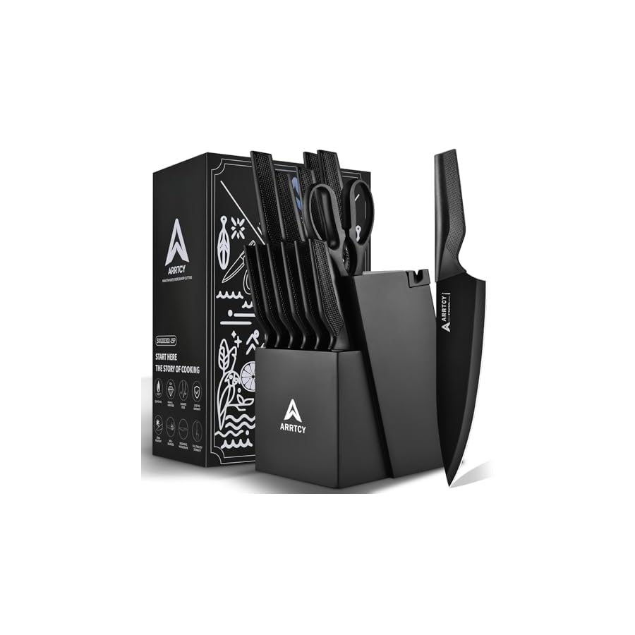 Arrtcy Knife Set,Kitchen Knife Set with Built-in Sharpener knife block set dishwasher safe 15 piece, Anti-slip Handle,German Stainless Steel, Elegant Gift for Holiday (black)