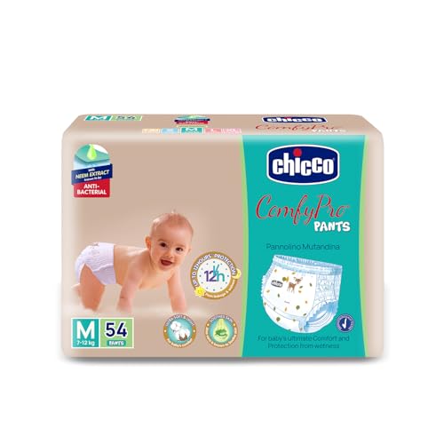 Image of Chicco Comfy-Pro Pant Style Baby Diapers | Anti-bacterial benefits | Ultra Soft & 12hrs protection | Wetness indicator & Disposing Tapes - Medium, 54 Count, 7-12 Kg