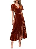 Miessial Women's Velvet Maxi Dress Retro Faux Wrap V-Neck Long Evening Dress Cocktail Party Dress Velvet-Brown 14