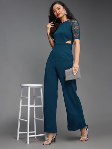 Image of Miss Chase Women's Halter Neck Sleeveless Solid Wide Leg Sequin Paneled Regular Length Jumpsuit
