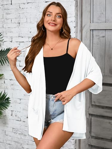 Image of AusLook Plus Size Cardigan for Women Short Sleeve Lightweight Open Front Shrug with Pockets for Dresses and Layering 1X-5X