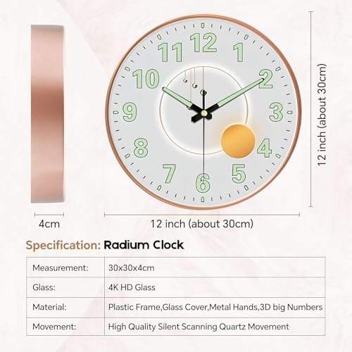 Image of WHISKET - 12 Inch | Luxury Designer Radium Wall Clock with Night Glow Numbers - Silent Analog Clock with Elegant Floral Design for Living Room, Bedroom & Office Decor. (Radium Pearl)