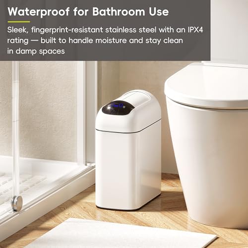 Image of EKO Astro Slim Sensor Trash Can, 10L / 2.6 Gallon Touchless Garbage Bin with Soft-Close Retractable Wing Lid, Motion Sensor Stainless Steel Garbage Can for Bathroom, Kitchen, Office, Waterproof, White
