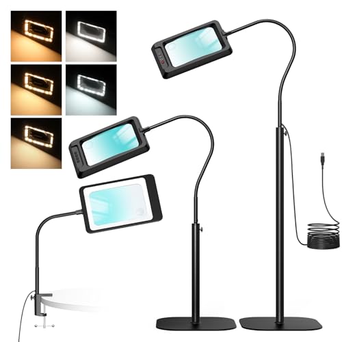 MoKo 10X Large Floor Magnifying Glass with Light and Stand Flexible Gooseneck Floor Magnifying Lamp with 5 Color Modes 3 in 1 LED Lighted Desk Lamp Magnifiers for Reading Close Work Sewing Black