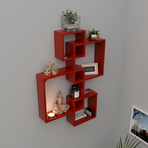 Image of ETIQUETTE ART Floating Cube Shelves - Intersecting Wall Mounted Shelves - Wall Decor Square Shelves for Bedrooms, Living Rooms & More - Set of 4 Box Shelves (Red)