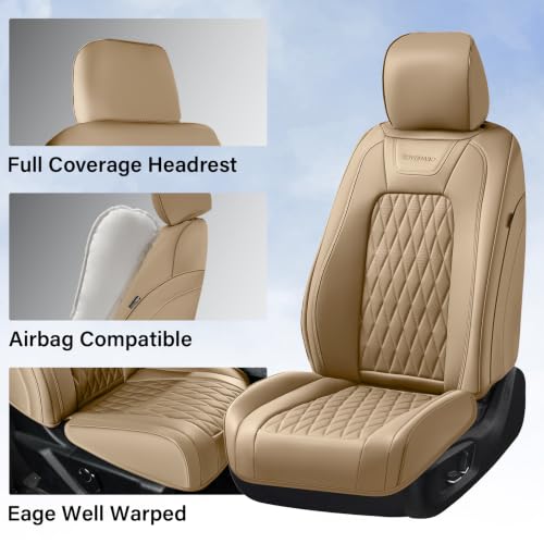 Image of Coverado Premium Leather Truck Front Seat Covers - Custom Fit, Waterproof, Heavy Duty, Anti-Spill, Scratch Resistant Protector for Ford F150 2015-2026, F250-F450, Beige