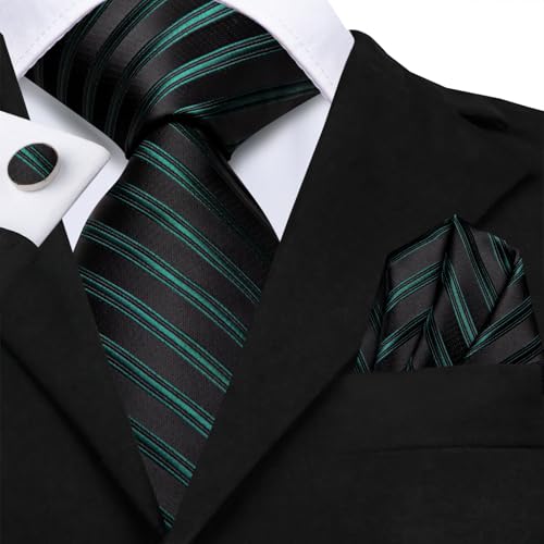 Image of Hi-Tie Mens Plaid Ties Classic Paisley Necktie with Handkerchief Cufflinks Set Business Stripe Tie