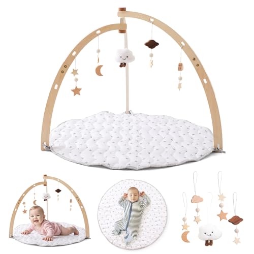 Image of Wooden Baby Play Gym with Play Mat,Foldable Activity Center for Toddler with 5 Hanging Sensory Toys,Infant Babies Play Gym with White Playmat for Newborn Baby Girls and Boys
