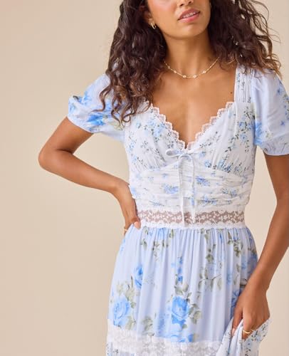 Image of Women Patchwork Dress Y2k Floral Puff Short Sleeve Maxi Dress Summer Boho Smocked Tiered Ruffle Beach Sundress