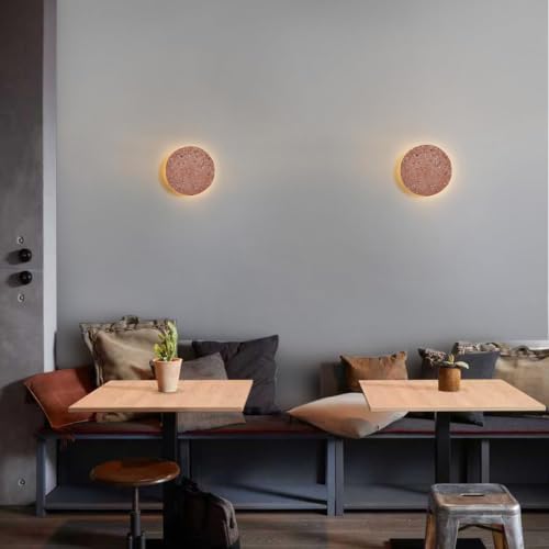 Image of DUHU Round Wall Light,Red Cement Wall Lamp Hardwired for Hallway,Minimalist Led Wall Sconce Flat Design,Modern Sconces Lighting for Bedroom,Living Room,Bathroom,9w 3000k,Warm White,Moon Light Wall