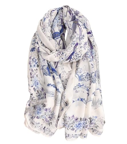 Canxiaoba Women'S Geometric Animal Printed Scarf With Cotton And Linen Texture Shawl (Bird songs and floral fragrance (blue))