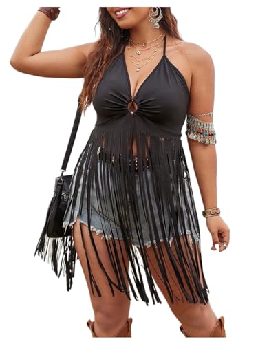 SHENHE Women's Plus Size Fringe Tops Sexy Halter Neck Backless Boho Tassel Cropped Going Out Top