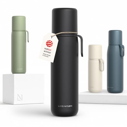 Image of LARS NYSOM Stainless Steel Thermo Water Bottle - Double Wall Insulated Water Bottle with Cup & Carry Strap, Leakproof Metal Bottle for Travel, Office & Outdoor (Carbon Black, 25oz)