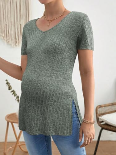 JiniGolla Women's Maternity T Shirt Ribbed Knit Pregnancy Tops Side Split Casual Maternity Blouse2
