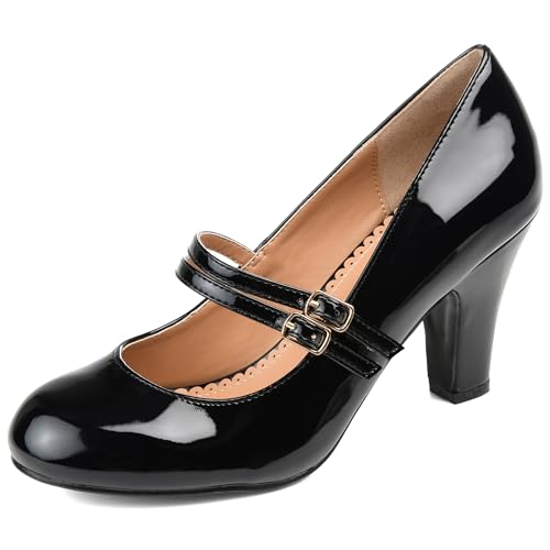 Journee Collection Women's Windy Double Strap Mary Jane Pumps, Patent/Black, 9