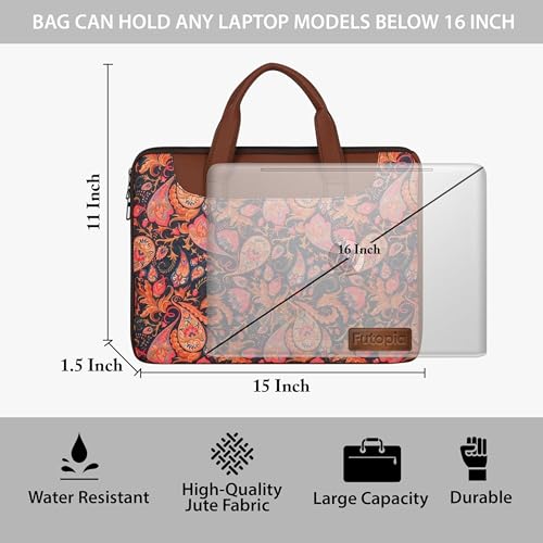 Image of Futopia Stylish Printed Jute Laptop Sleeve Bag 15.6-16 Inch with Handle | Laptop Case Cover | Water Resistant & Shockproof | Padded Interior | Laptop, Notebooks Bag for Office, College & Travel