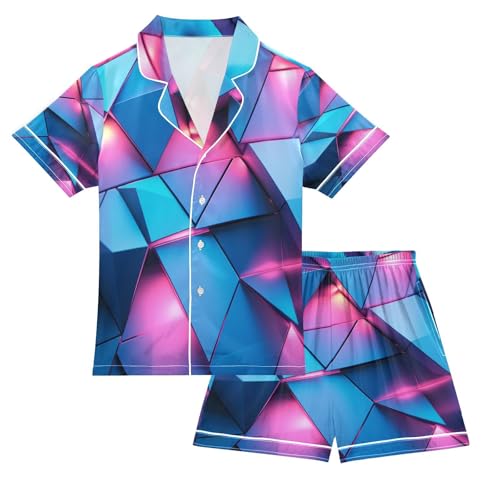 Satin Pajama Sets Short Sleeve Blue and Pink Abstract Triangles Button Down Silky Nightwear 2 Piece PJS 5-14Y