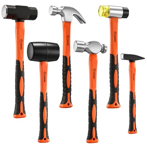 Image of Saker 6-Piece Hammer Set, 3lb Sledge Hammer,16oz Rubber Mallet, 16oz Ball Peen Hammer & Claw Hammer, 14oz Double-Faced Mallet, 7oz Cross Peen Hammer for Home Repair & DIY Projects