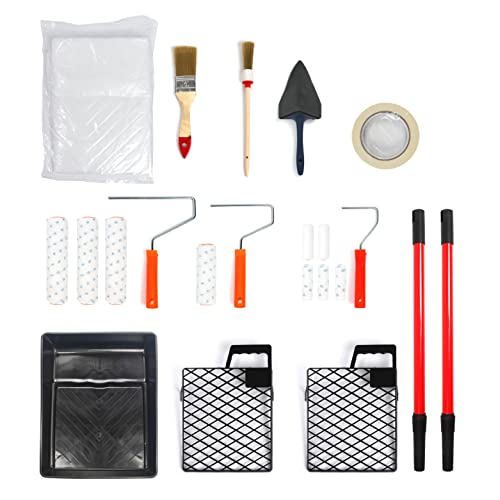 Funwork Farbroller Set - komplettes Profi Malerset - Farbrollen, Pinsel, Teleskopstangen, Abdeckband & -folie, Farbwanne, Abstreifgitter, Malerbügel Cover