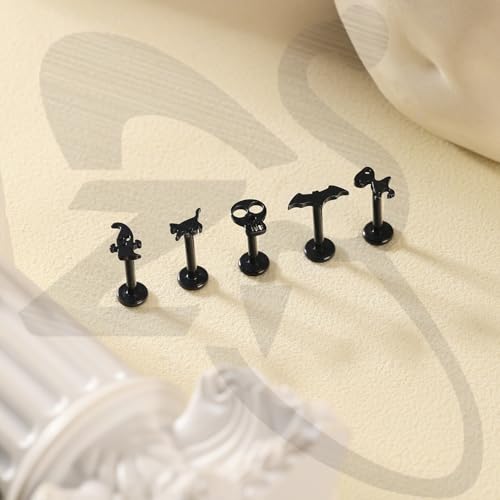 ZS 9Pcs 16G Halloween Lip Labret Studs, Stainless Steel Internally Threaded Jewelry for Conch Medusa Piercing, Black Bat Skull Ghost Forward Helix Tragus Earring for Women Men4