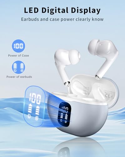 Image of Wireless Earbuds, Bluetooth 5.4 Headphones with 50H Playback, Deep Bass Stereo Ear Buds Clear Calls with LED Power Display, IPX7 Waterproof, in-Ear Earphones with Mic for Phone /Android /iPad, Gray