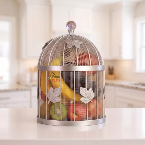 Image of Insect-Resistant Fruit and Vegetables Basket with Lid | Decorative Mesh (Jaali) Fruits and Vegetables Holder for Home and Kitchen - Silver