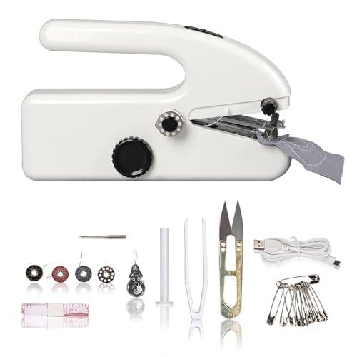 Mini máquina de coser eléctrica portátil, máquina de coser a mano con batería, máquina de coser eléctrica para tejidos gruesos, mini máquina de coser para ropa, cortinas y manualidades, color blanco