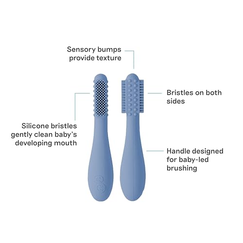 Image of ezpz Baby-Led Toothbrush (Indigo) - 3 Months + - 100% Silicone Infant Toothbrush with Sensory Bumps - Cleans Gums + New Teeth - Improves Hand-to-Mouth Coordination, Self-Feeding Skills