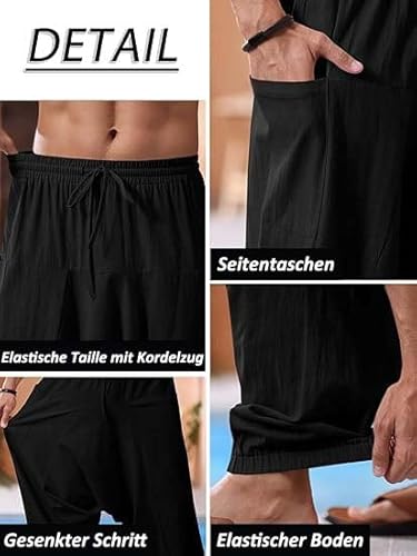 Runcati Herren Baumwolle Haremshosen Baggy Hippie Casual Leinen Yoga Hose Strand Tief Schritt Trouser Schwarz M
